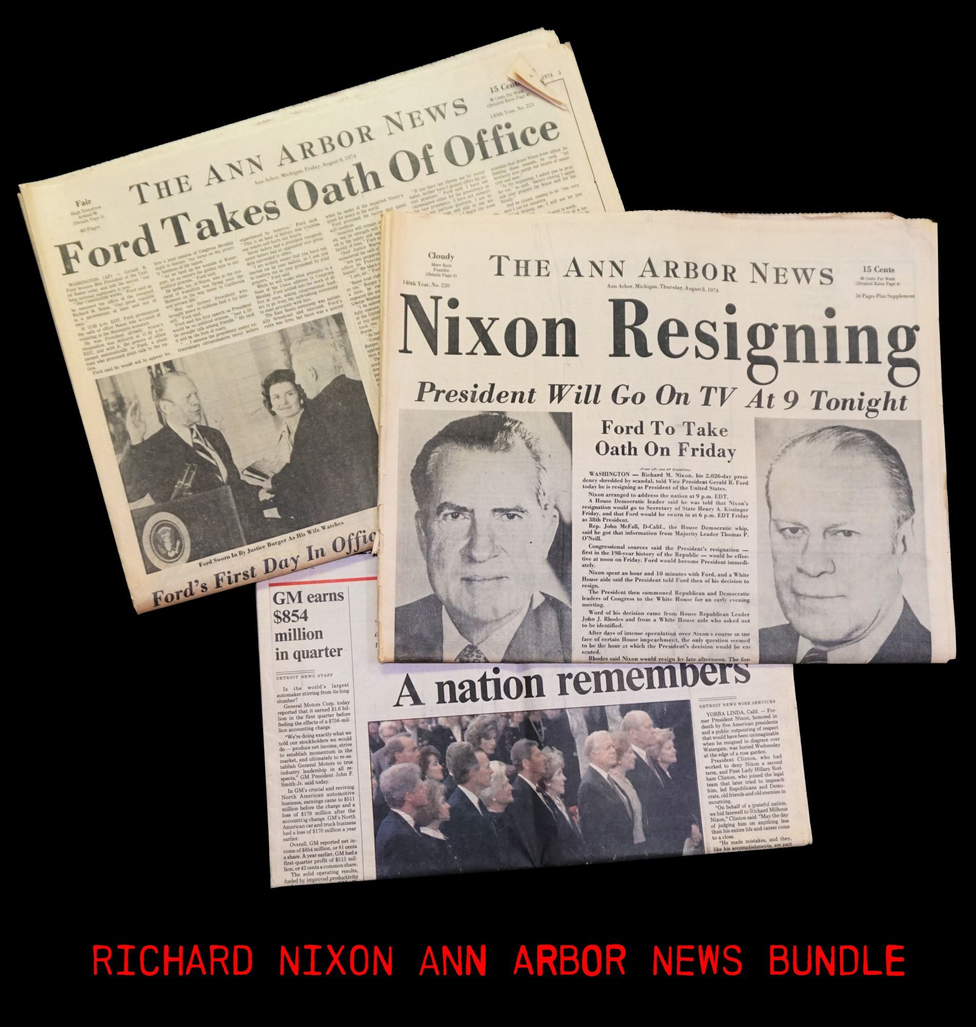 The Ann Arbor News August 8 & 9 1974 Issues with: The Detroit News April 28 1994 Issue | Richard M. Nixon | First Printings The ann arbor news august 8 & 9 1974 issues with: the detroit news april 28 1994 issue | richard m. nixon | first printings